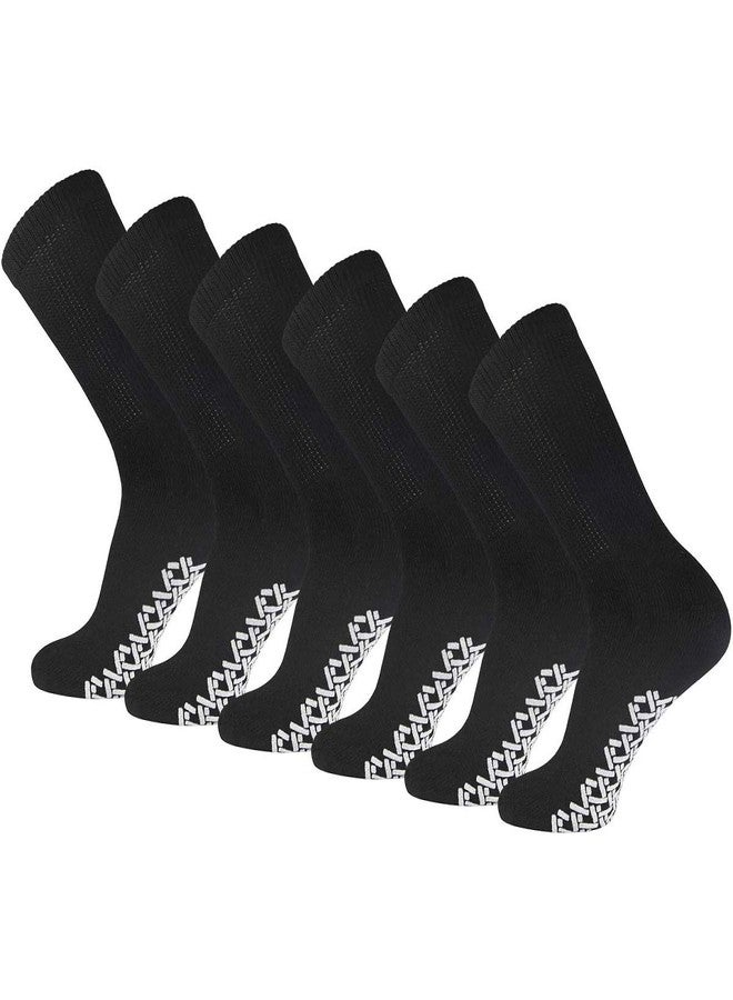Diamond Star Men's Women Diabetic Loose Top Therapeutic Anti Slip Non Skid Gripper Soft Cotton Full Cushioned Crew Socks 10-13 (Black - 6 Pairs). - Image 1